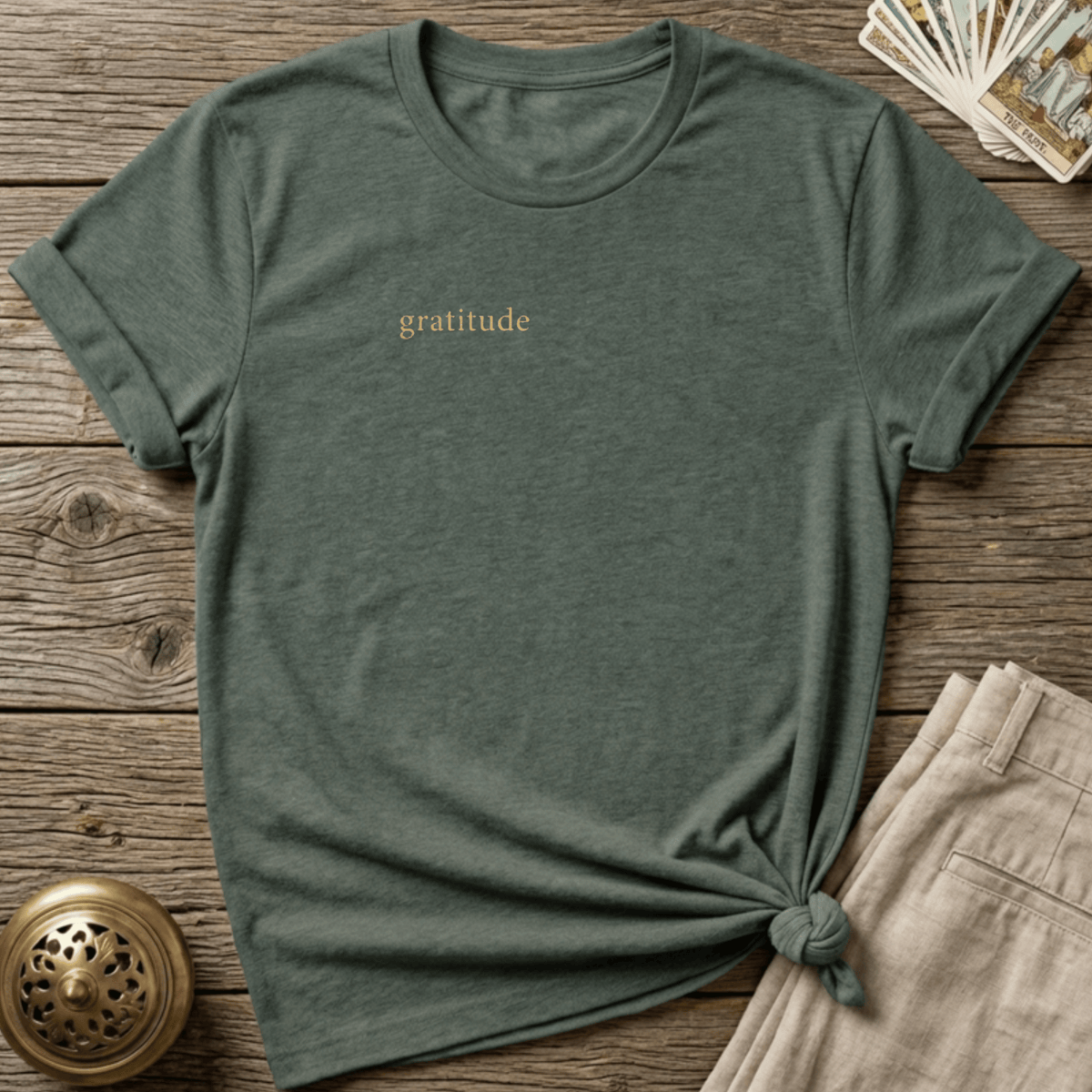 Gratitude, Quietly T-shirt - Heather Military Green